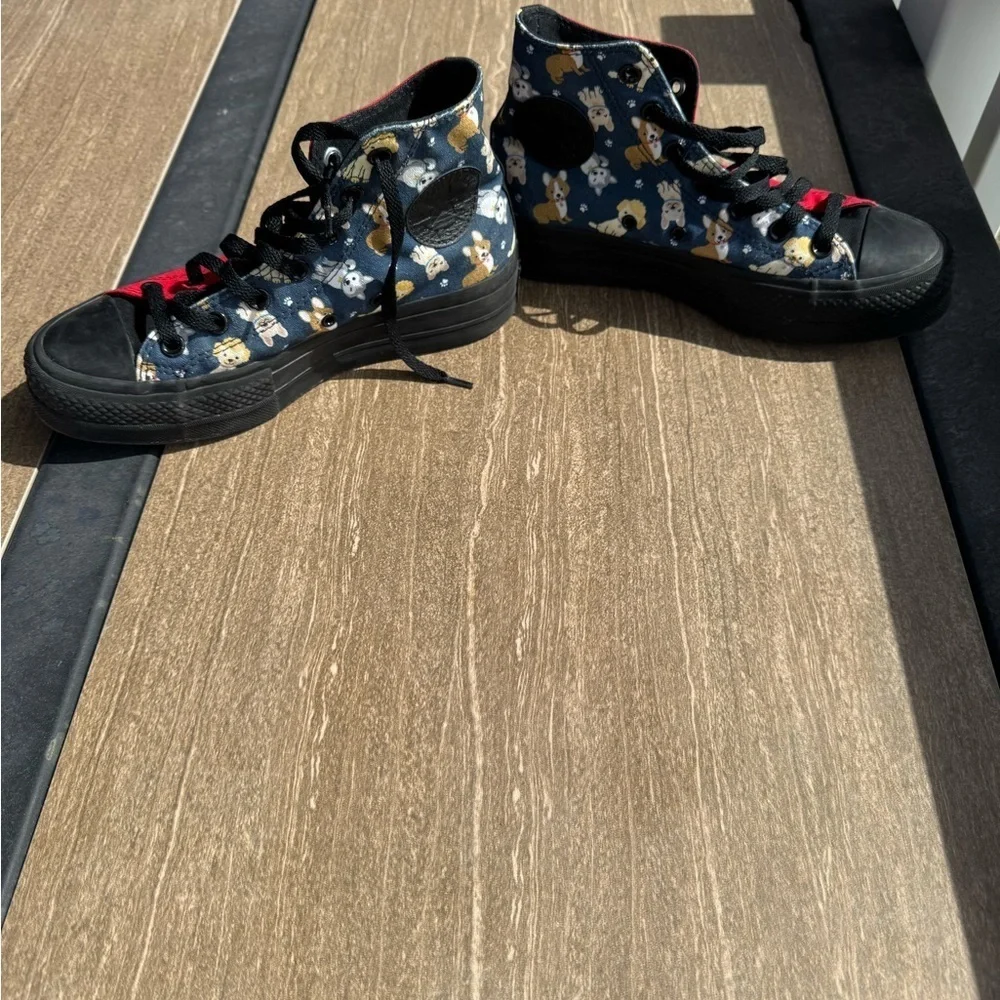 Converse Black and Red High-Top Sneakers with Dog Print